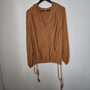 Free People Sweater Cozy Tan Hooded Knit Lightweight Tie Sides Casual Neutral